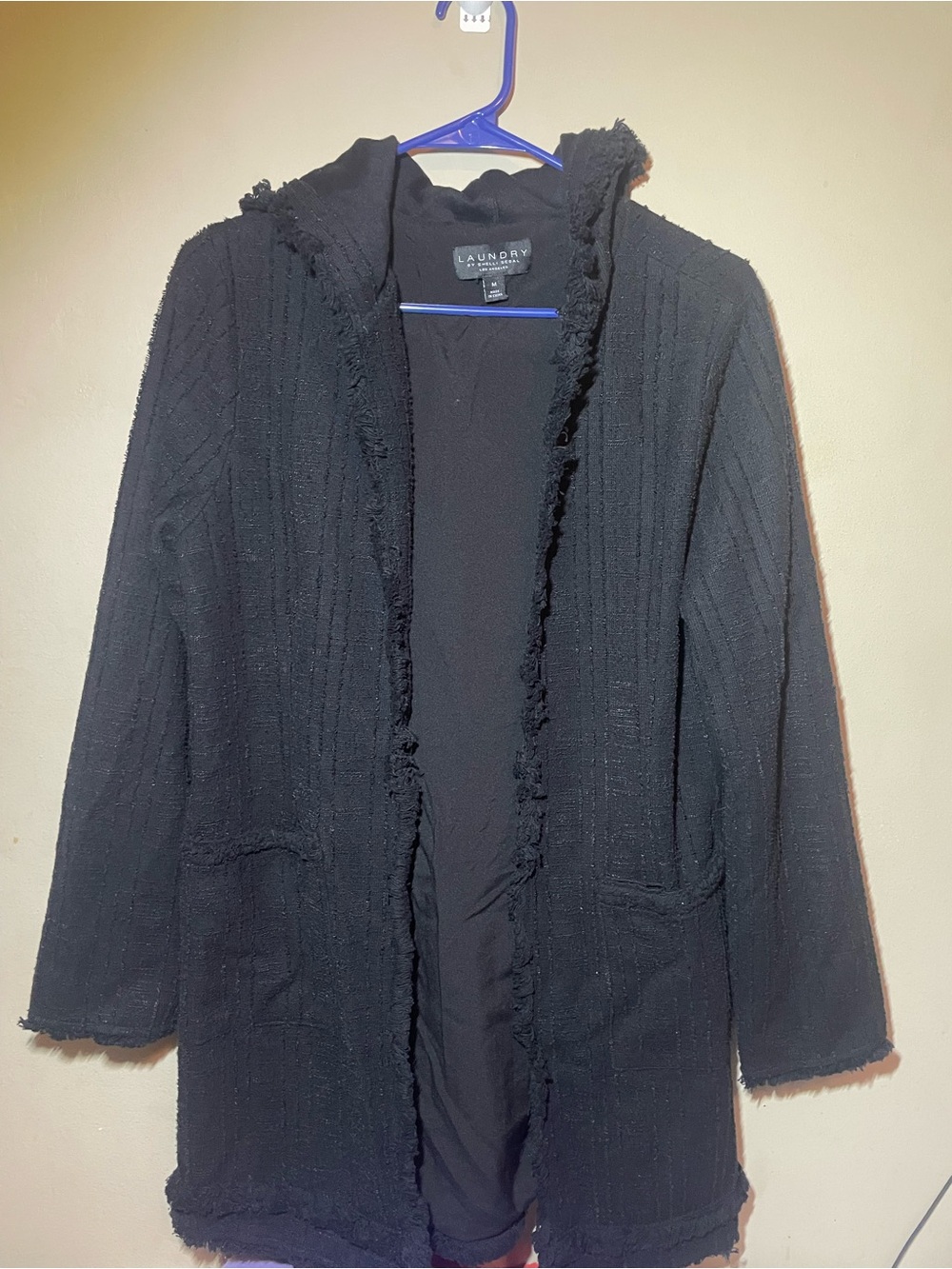 Laundry by Shelli Segal Black Textured Open Front Fringe Cardigan M